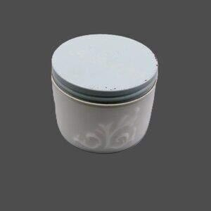 Vintage Milk Glass Creme Vanity Jar with Blue Screw on Lid